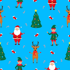 Santa claus , elf and deer. Christmas and New Year's seamless pattern