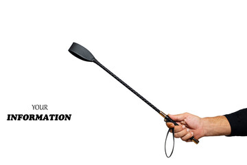 stack for bdsm games isolated on white background. Accessories For Adult Sexual Game. Toys for BDSM, Flogging and spanking devices. Leather stack in hand in right side with space for text or logo.
