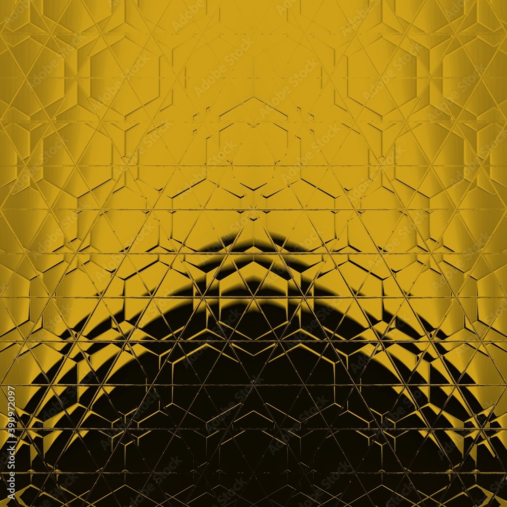 Poster black background with strong gold geometric hexagonal mosaic designs and patterns