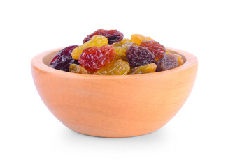 Raisins bowl isolated on white background.