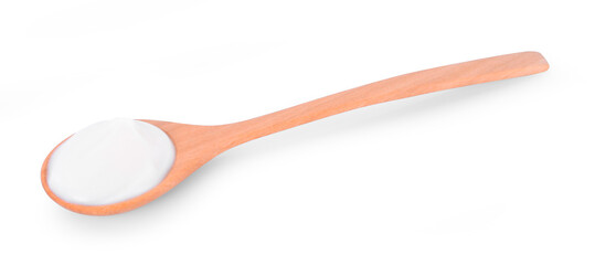 wood spoon of sour cream yogurt isolated on white background