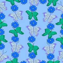 Blue end green butterflies seamless pattern. 