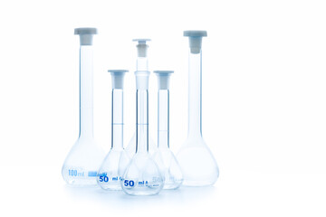 Erlenmeyer flasks on reflective isolated on  white