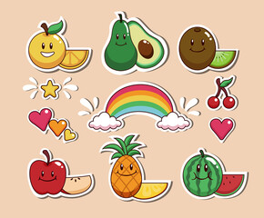 Set of cute fruit stickers character with various fruits element