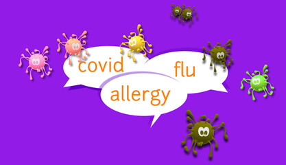 3D Illustration. COVID -19, flu and allergy in dialog balloons. Three speech bubbles with color. Choice, doubt, decision and / or option. Coronavirus and influenza. Virus graphic.