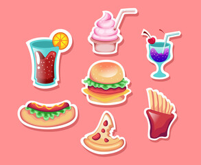 Set of fast food vector sticker with 7 different foods