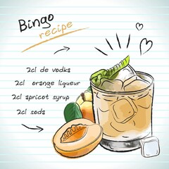 Bingo cocktail, vector sketch hand drawn illustration, fresh summer alcoholic drink with recipe and fruits	
