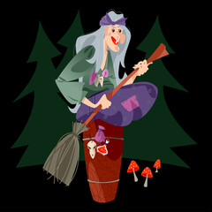 Baba Yaga (old witch from Slavic folklore) with a broom in her hands sitting on a large wooden mortar.