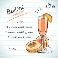 Bellini cocktail, vector sketch hand drawn illustration, fresh summer alcoholic drink with recipe and fruits	
