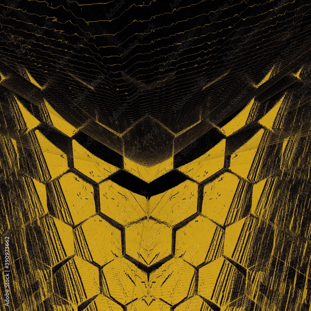 Poster black background with strong gold geometric hexagonal mosaic designs and patterns
