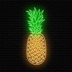 Neon sign in the form of a pineapple. Against a brick wall with a shadow. For decoration of bars, restaurants, and nightclubs. Isolated