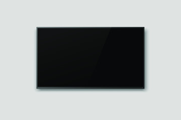 LED TV, Black LED TV television screen blank on gray wall background.