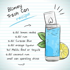 Blimey Trash Can cocktail, vector sketch hand drawn illustration, fresh summer alcoholic drink with recipe and fruits	
