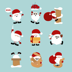 Collection of happy Santa Clauses. Cute Santa Claus. Collection of fun Santa Claus. Set of funny Santa Claus celebrating Christmas. Vector.