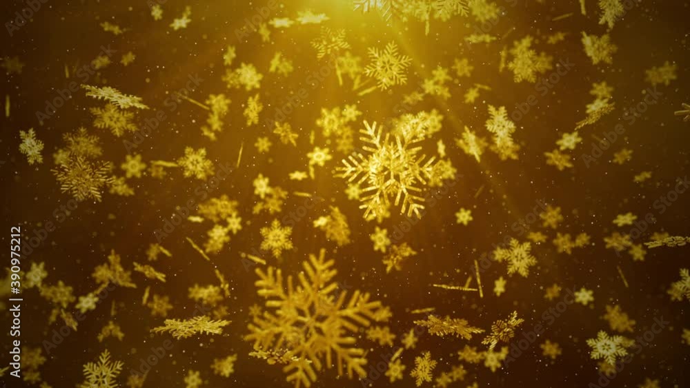 Poster gold snowflakes and stars with particle and bokeh falling. christmas or new year background concept.