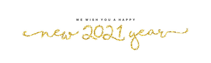 We wish you Happy New 2021 Year handwritten lettering tipography line design golden glitter star dust white background banner vector