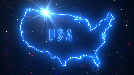 Blue Bright Light Mainland United States Of America Map And Lettering Neon Sign Optical Lens Flare With Magic Shiny Glitter Dust