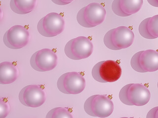 Texture of christmas balls. New year 3d pattern. Christmas 3d illustration. Render of pink and red Christmas decorations.