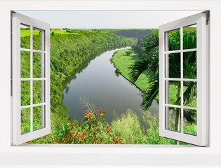 tropical landscape view from an open window to the river