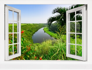 tropical landscape view from an open window to the river