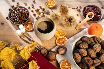 A cup of coffee amidst objects illustrating fall and reading in the quiet of home