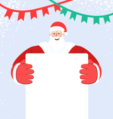 Merry Christmas and Happy New Year! Santa Claus hold big signboard for text. Holiday greeting card with happy 2021 new year. Winter holiday card with Santa Claus and flags in modern trendy style.