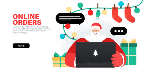 Happy Santa Claus working with laptop, takes orders, congratulations online, checks mail or Answering on children's requests via laptop. Landing page with gifts, garlands and presents around Santa.