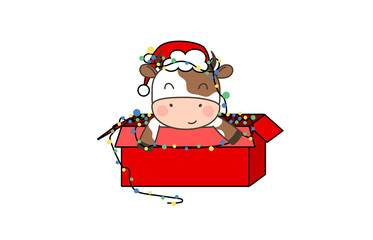 Happy cute little bull in Santa hat sitting in red cardboard box with garland. Greeting card for Merry Christmas and happy new year. 2021 year of the bull. Little ox in outline style.