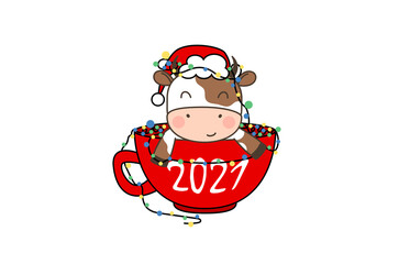 Happy cute little bull in Santa hat sitting in a Cup of coffee with garland. Greeting card for Merry Christmas and happy new year. 2021 year of the bull. Little ox in outline style.