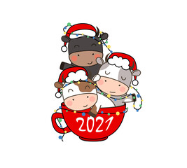 Three Happy cute little bulls in Santa hats sitting in a Cup of coffee with garland. Greeting card for Merry Christmas and happy new year. 2021 year of the bull. Little ox in outline style.