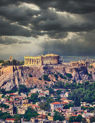 Acropolis and Athens urban area panoramic view under impressive sky, Greece