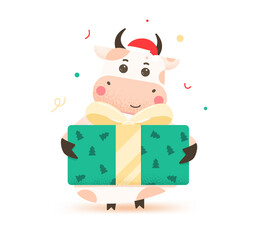 2021 year of the ox. Happy cute bull in Santa hat holding a large green box with a bow. Year of the bull. Greeting card for Merry Christmas and happy new year. Cute ox with a gift.