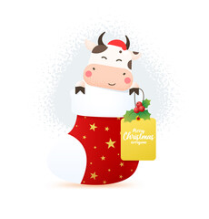 2021 year of the ox. Happy cute bull in Santa hat sitting in christmas stocking and holds a tag for text with mistletoe. Year of the bull. Greeting card for Merry Christmas and happy new year.