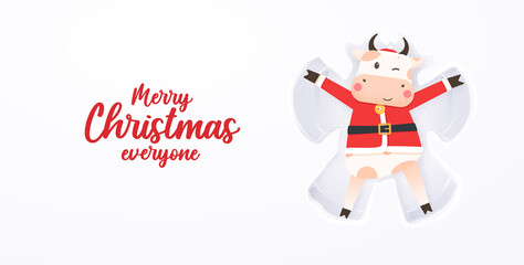 2021 year of the ox. Happy cute bull in Santa hat and Santa Suit lying down on snow-covered ground make snow angel. Year of the bull. Greeting card for Merry Christmas and happy new year.