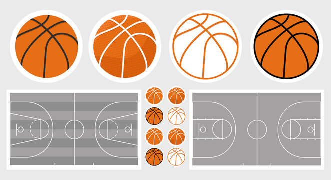 Basketball field and ball set. Basketball stickers set. Isolated objects. Elements for design and web applications. Stock illustration for print design, sports typography.