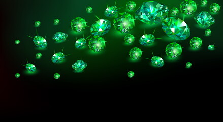 Black background with many scattered green gems emeralds. Vector illustration.