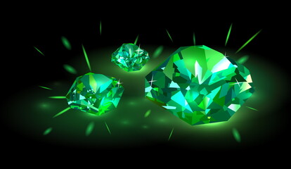 Obraz premium Three beautiful bright green diamonds emeralds on a black background. Vector illustration.
