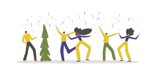 Merry Christmas people group. Friends young boys girls happy new year party. Corpotare team event funny concept. Man and woman characters dance together. Christmas tree xmas flat vector illustration.