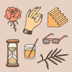Hand drawn aesthetic set of random objects. Vector illustrations in retro style.