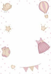 Template for congratulating newborns. background for a girl in pink. Baby elements - crown, dress, balloon, bird, stars, socks