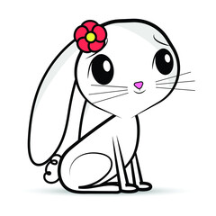 Cute rabbit on a white background with a flower. Vector illustration
