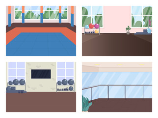 Gym room flat color vector illustration set. Ballet dance hall. Martial arts, powerlifting center. Studio for physical training 2D cartoon interior with sports equipment on background collection
