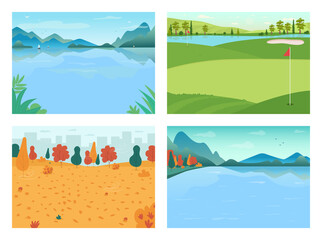 Seasonal landscape flat color vector illustration set. Lake for watersport. Golf field. City park with skyline. Urban and rural 2D cartoon landscape with daytime sky on background collection