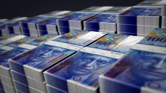 Swiss Francs banknote bundle growth up loop. 100 CHF money stacks. Concept of cash pack, crisis, banking, business, success, recession, economy, bank, debt and finance. Loopable seamless 3d animation.