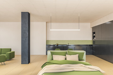 Modern living hall room studio with green bed and kitchen zone on background