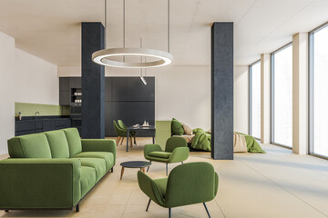 Modern living hall room studio with green sofa and new furniture, kitchen zone