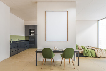 Blank canvas mockup over dining table in open space green living room studio apartment