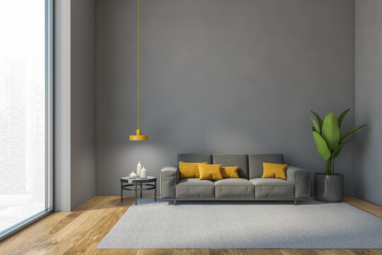 Hall mockup copy space with grey sofa against grey wall