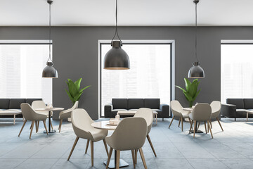 Grey cafe with chairs and wooden table with pendant lamps, wooden wall and grey floor