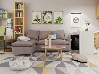  spacious living room design of modern residence, with sofa, tea table, decorative painting, etc